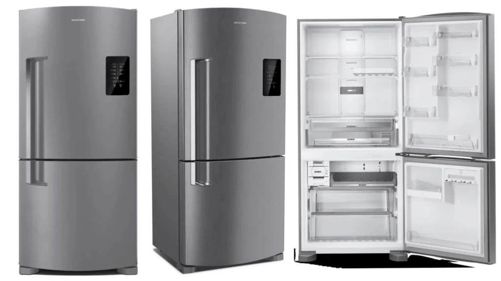 Geladeira Brastemp Frost Free Inverse 588 litros inox BRE85AK com design moderno, painel touch na porta e amplo espaço interno com freezer na parte inferior. Melhor geladeira frost free para famílias grandes