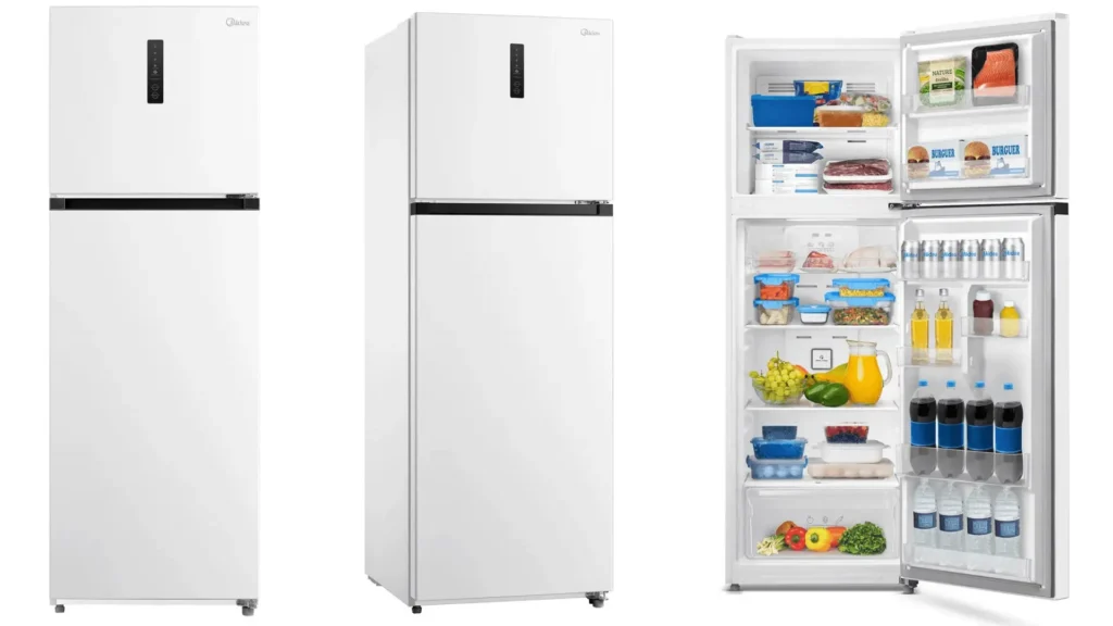 Geladeira Midea MD-RT468 Frost Free 347 litros branca, com freezer superior, painel externo e interior organizado, ideal para apartamentos pequenos.