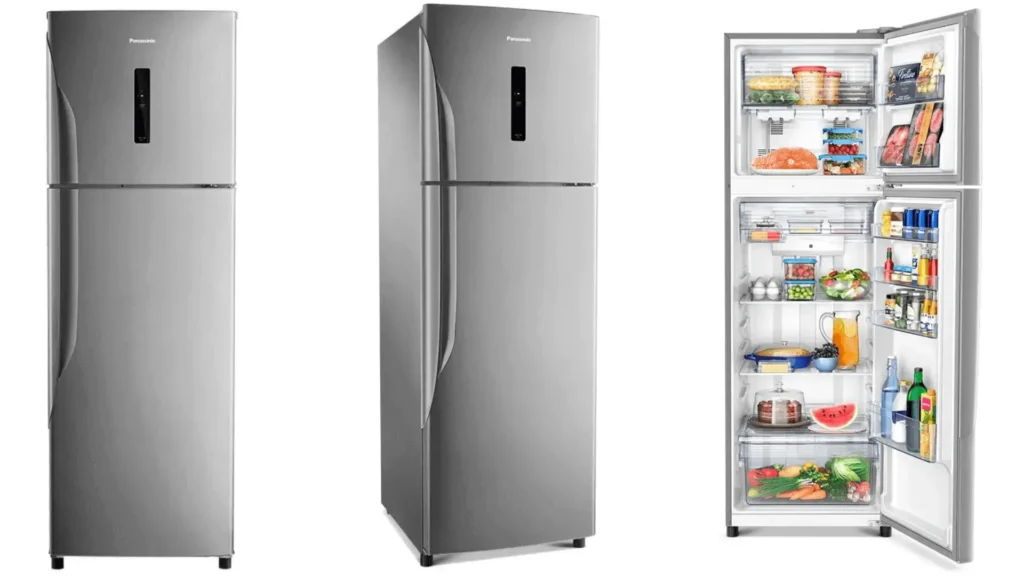 Geladeira Panasonic Frost Free Duplex 387L BT41X em aço escovado, com painel eletrônico externo e freezer superior. Vista fechada e aberta mostrando espaço interno bem distribuído, gavetão de hortifruti e prateleiras organizadas – melhor geladeira boa e barata.