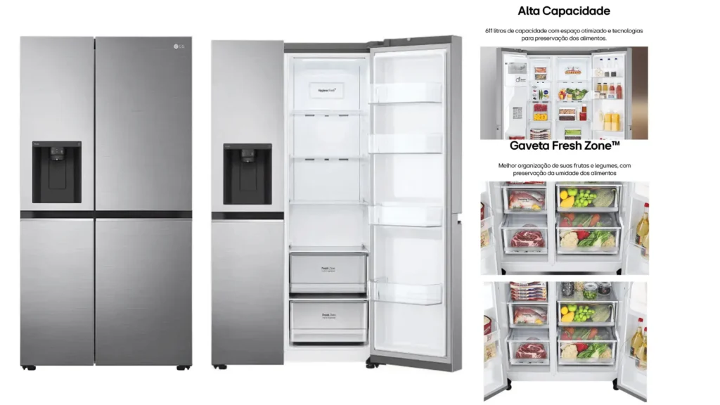 Geladeira LG Side by Side Frost Free Smart 611L em inox com dispenser de água, portas fechadas e abertas, interior espaçoso com gavetas Fresh Zone para melhor preservação de frutas, legumes e carnes.