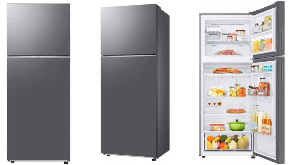 Geladeira Samsung Frost Free Duplex Smart 411L em inox, portas fechadas e abertas mostrando interior organizado com frutas, legumes, bebidas e alimentos.