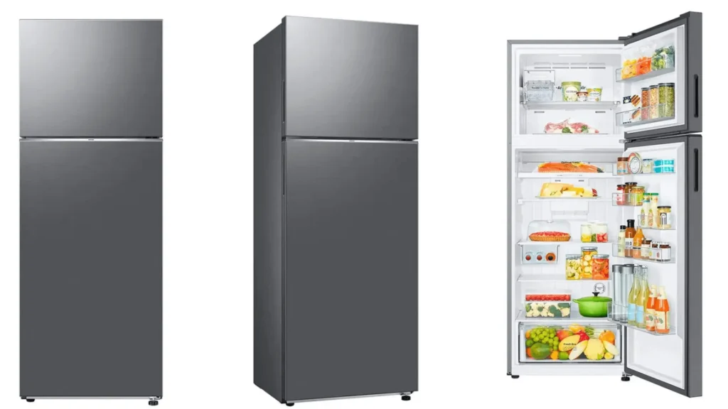 Geladeira Samsung Duplex Evolution SmartThings Frost Free 518L em inox, vista frontal e lateral, com portas fechadas e abertas mostrando interior espaçoso com alimentos e bebidas organizados.