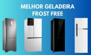 Quatro modelos de geladeiras frost free lado a lado em fundo azul, ilustrando artigo sobre a melhor geladeira frost free de 2025